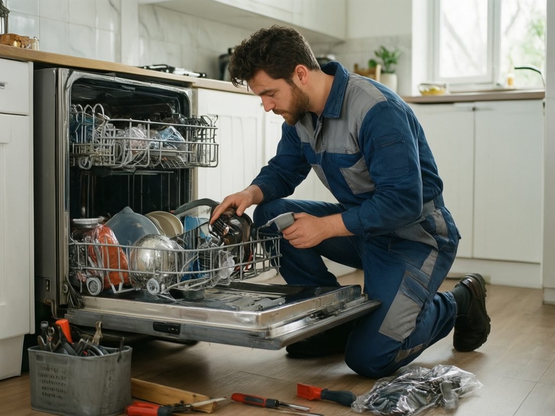 Technician repairing a dishwasher with tools laid out on the kitchen floor